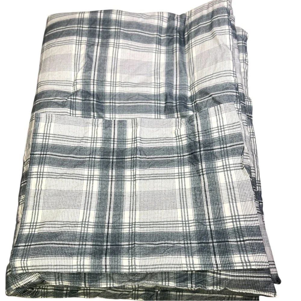 Brooks Brothers Twin Plaid Cotton Flannel Comforter And Sham Gray White EUC